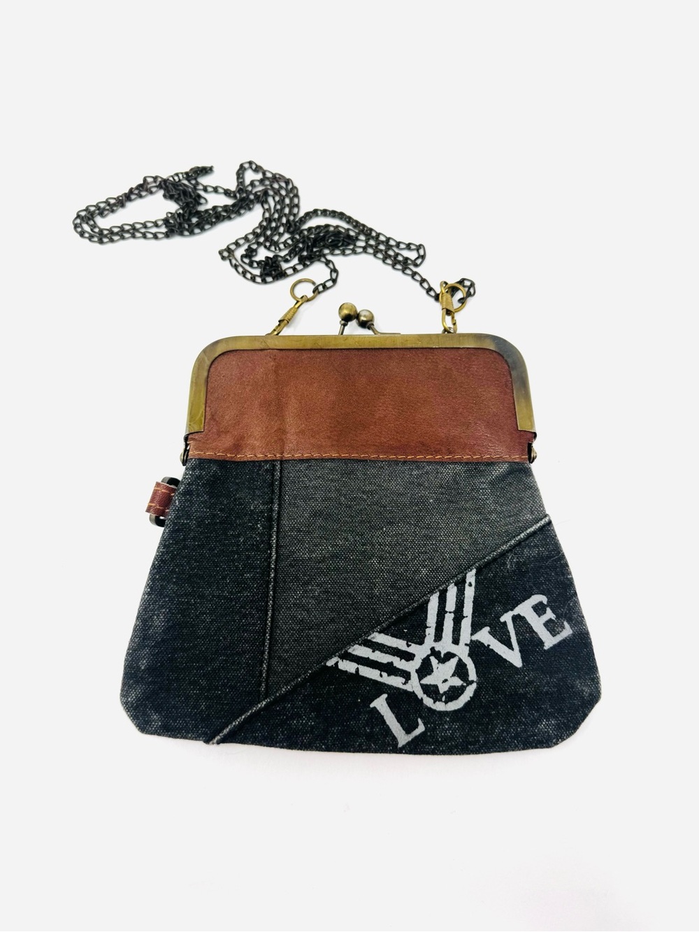 Mona B Canvas and Leather Crossbody Small Wallet with Love Stamp on Front